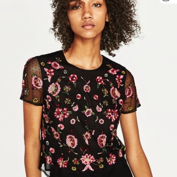 Zara Tops - Zara Black Tulle Top Embroidery NWOT
